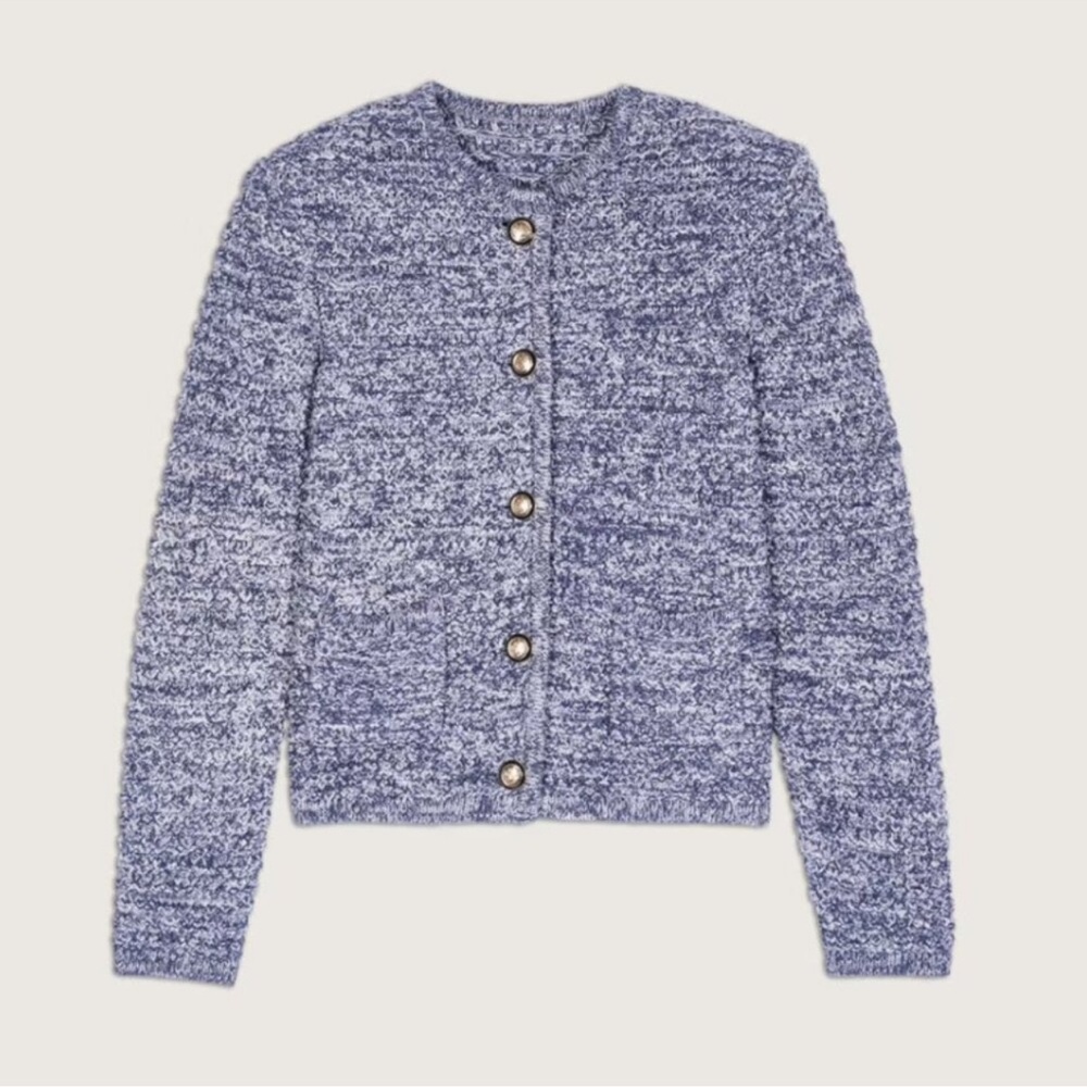 ba&sh Blue Cropped Cardigan with Ribbed Trim